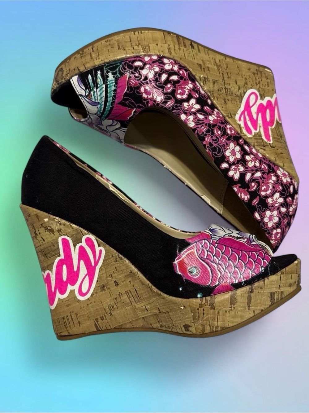 RARE Vintage Y2K Ed Hardy Black and Pink Wedges with Floral and Fish Print